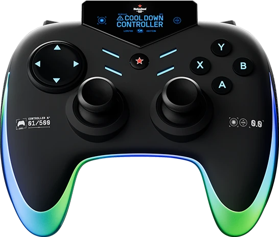Um controle remoto na cor preta com luzes verdes e azuis, com um visão escrito 'Cool Down Controller'